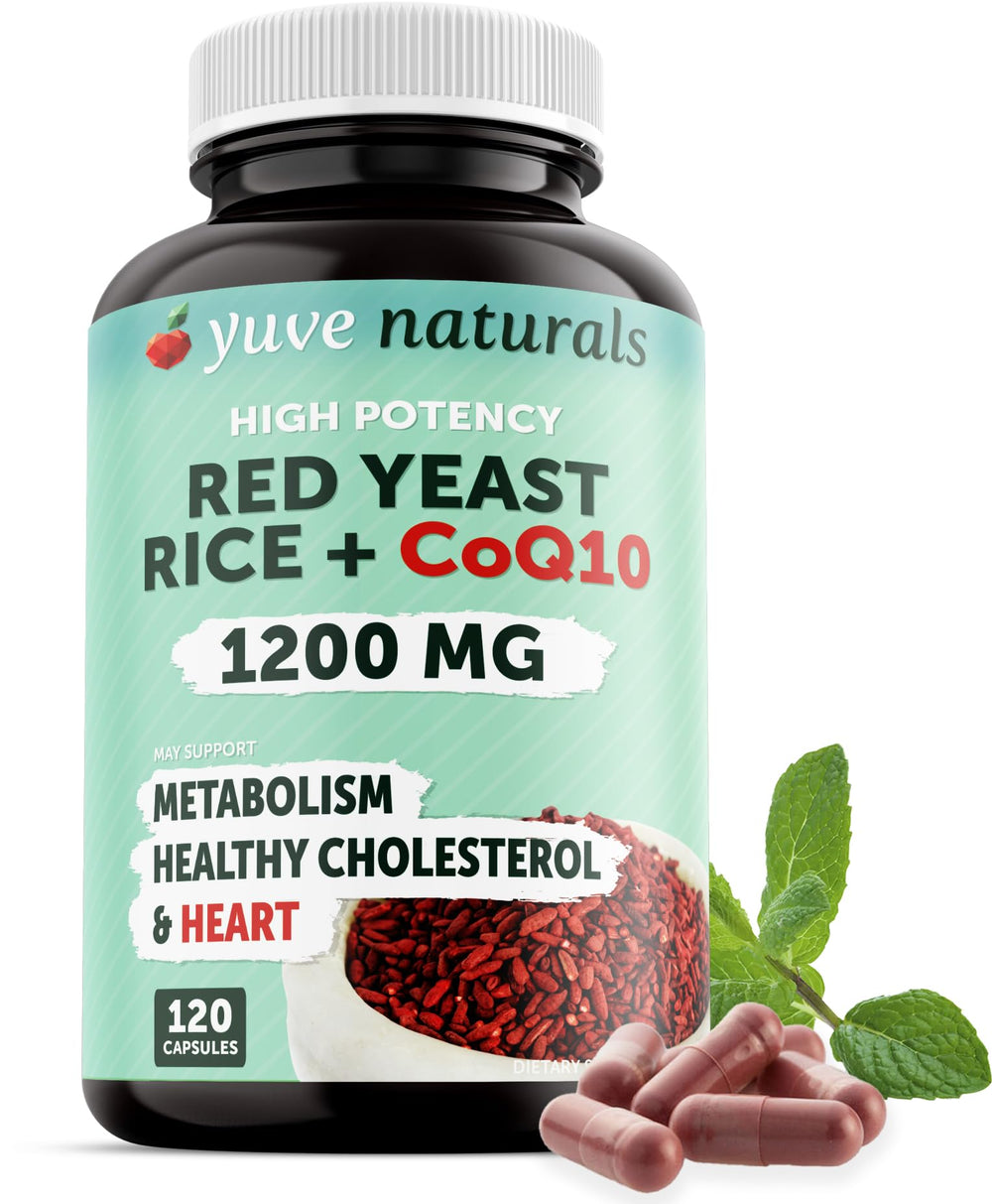 Yuve red yeast rice 1200mg capsules for daily cholesterol support.
