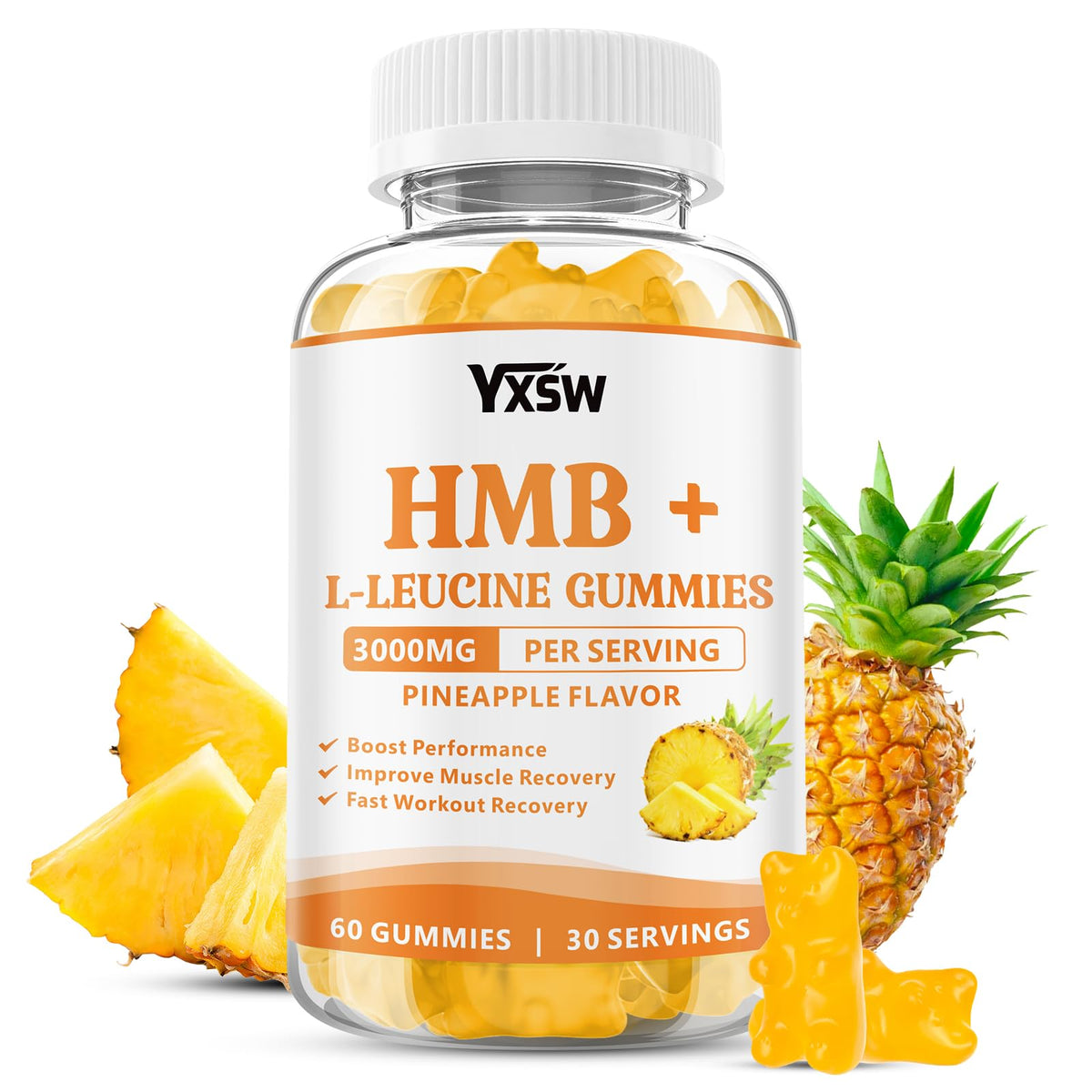 YXSW HMB and L-Leucine Gummies bottle front offering convenient daily energy support.