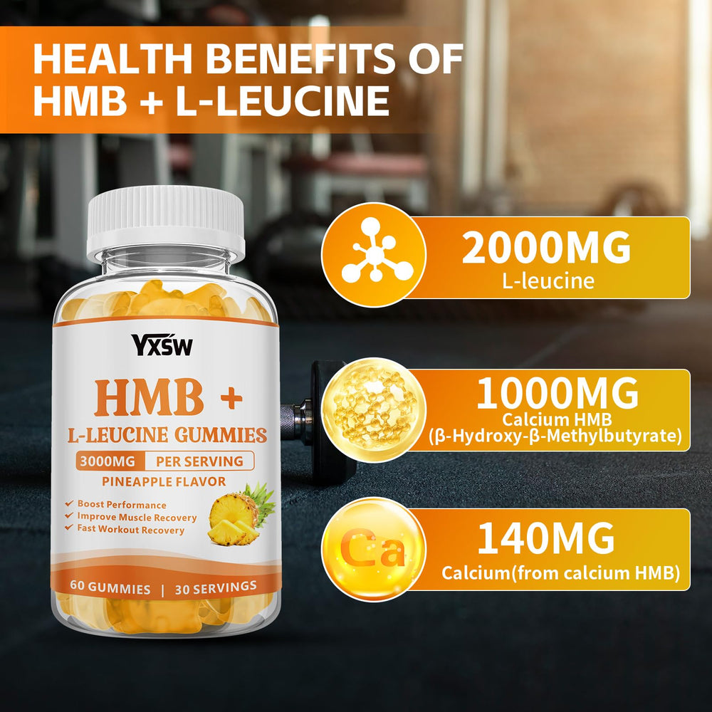 YXSW HMB and L-Leucine Gummies packaging shows gluten-free and dairy-free attributes.