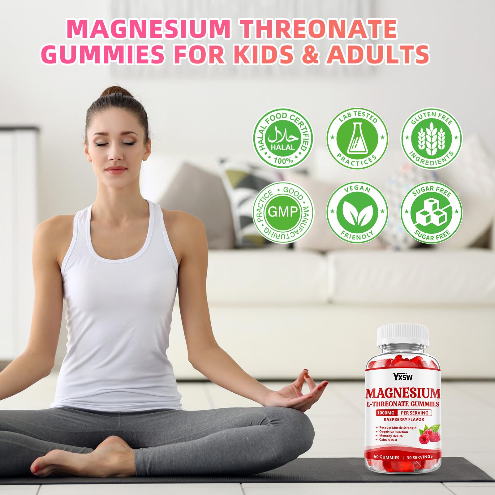 Kid-friendly label on YXSW Magnesium L-Threonate Gummies, approachable daily support.