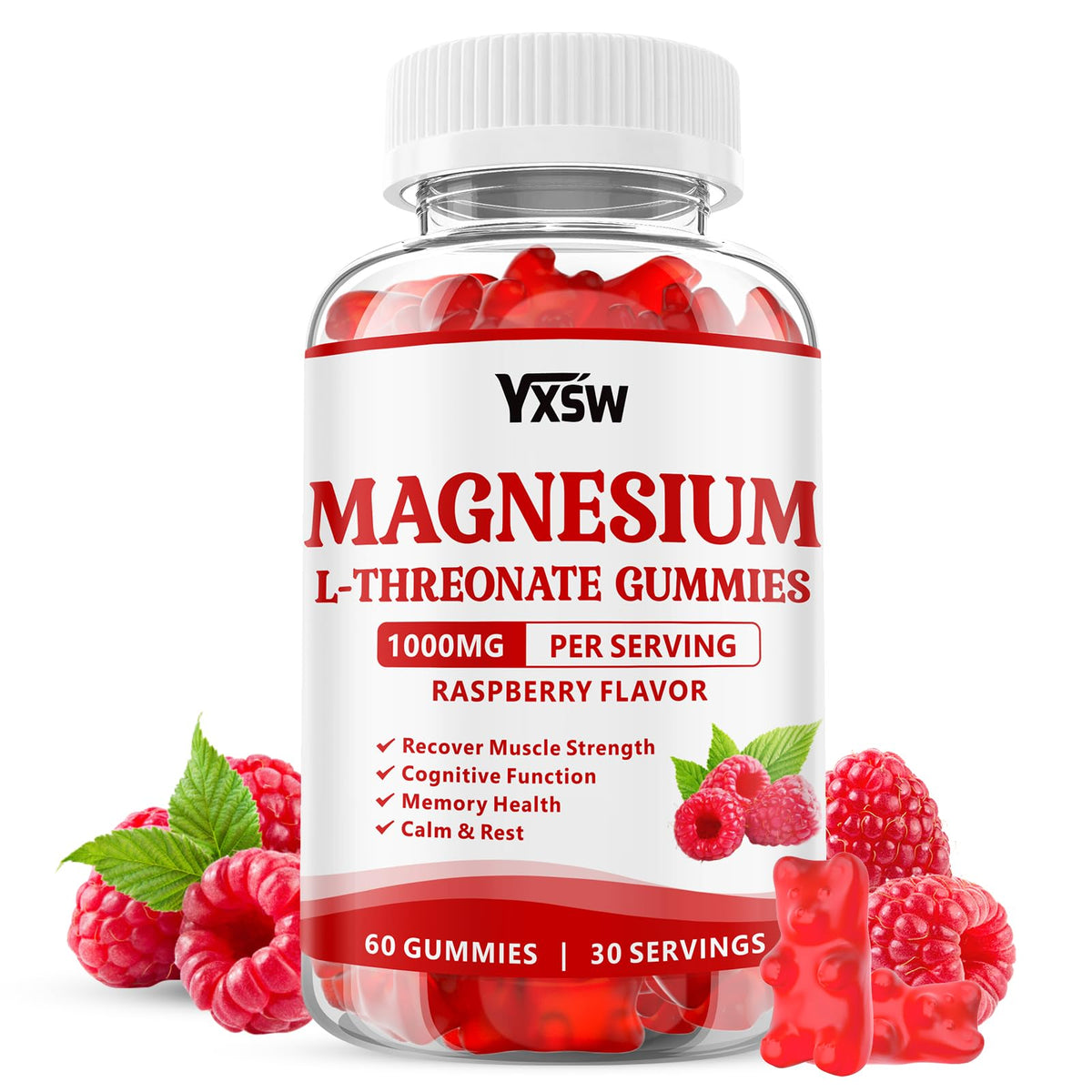 YXSW Magnesium L-Threonate Gummies bottle shows raspberry flavor and sugar-free formula