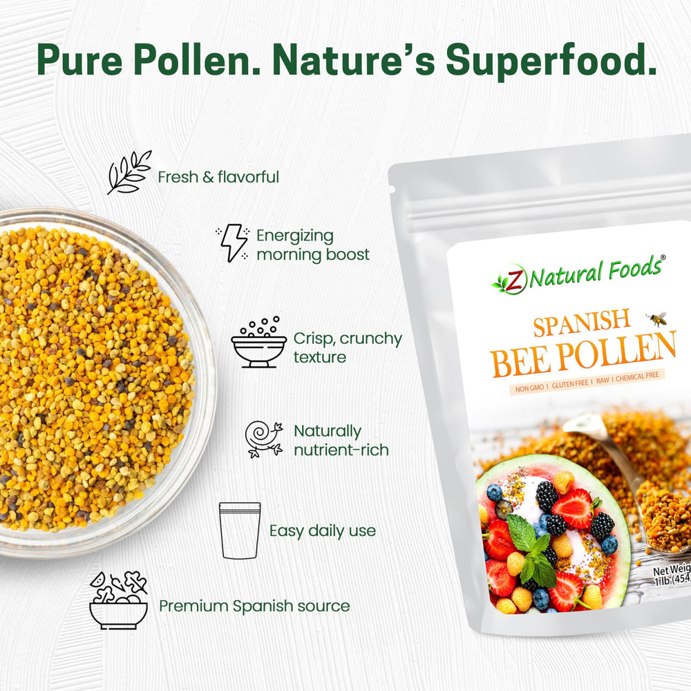 Z Natural Foods bee pollen granules sprinkled on salad for aromatic sweetness and texture.