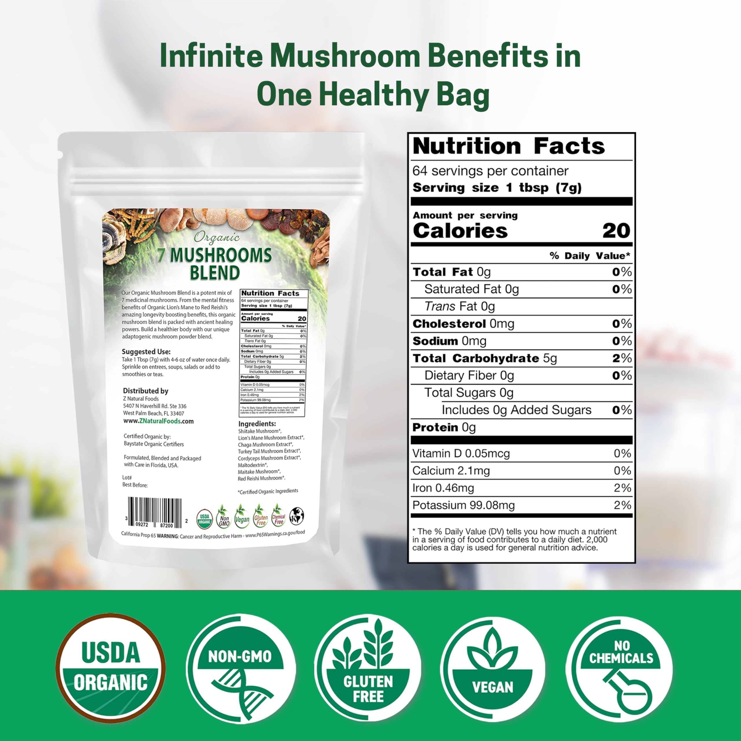 Z Natural Foods coffee mushroom powder with a mug shows an easy morning ritual.