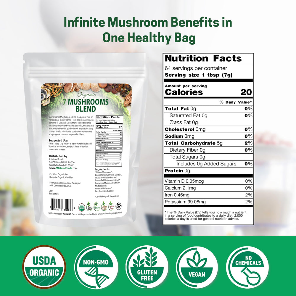 Z Natural Foods coffee mushroom powder with a mug shows an easy morning ritual.