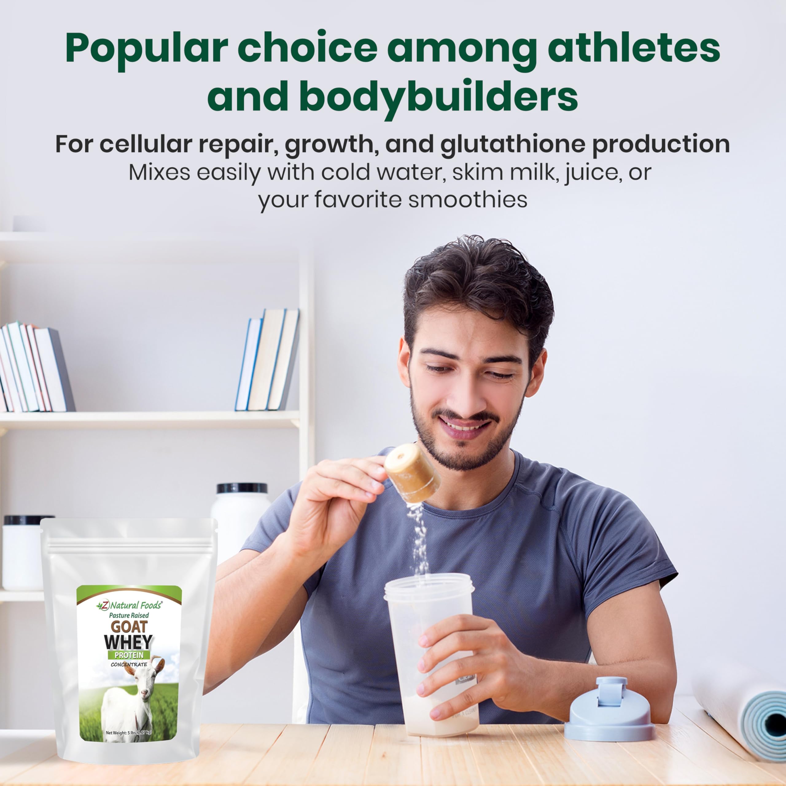 Z Natural Foods Goat Whey Protein dissolved in water—easy flavor-free mix for shakes