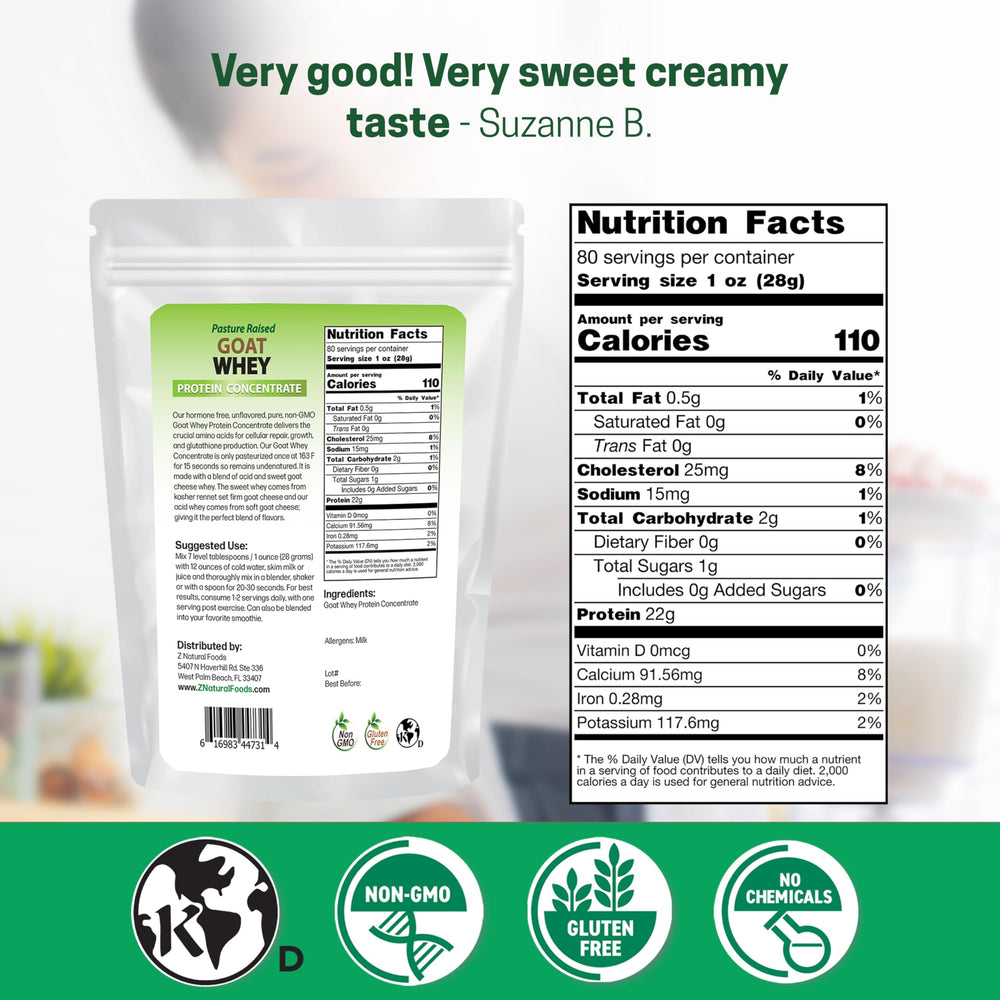 Z Natural Foods Goat Whey Protein scoop in glass—high-protein serving for daily nutrition