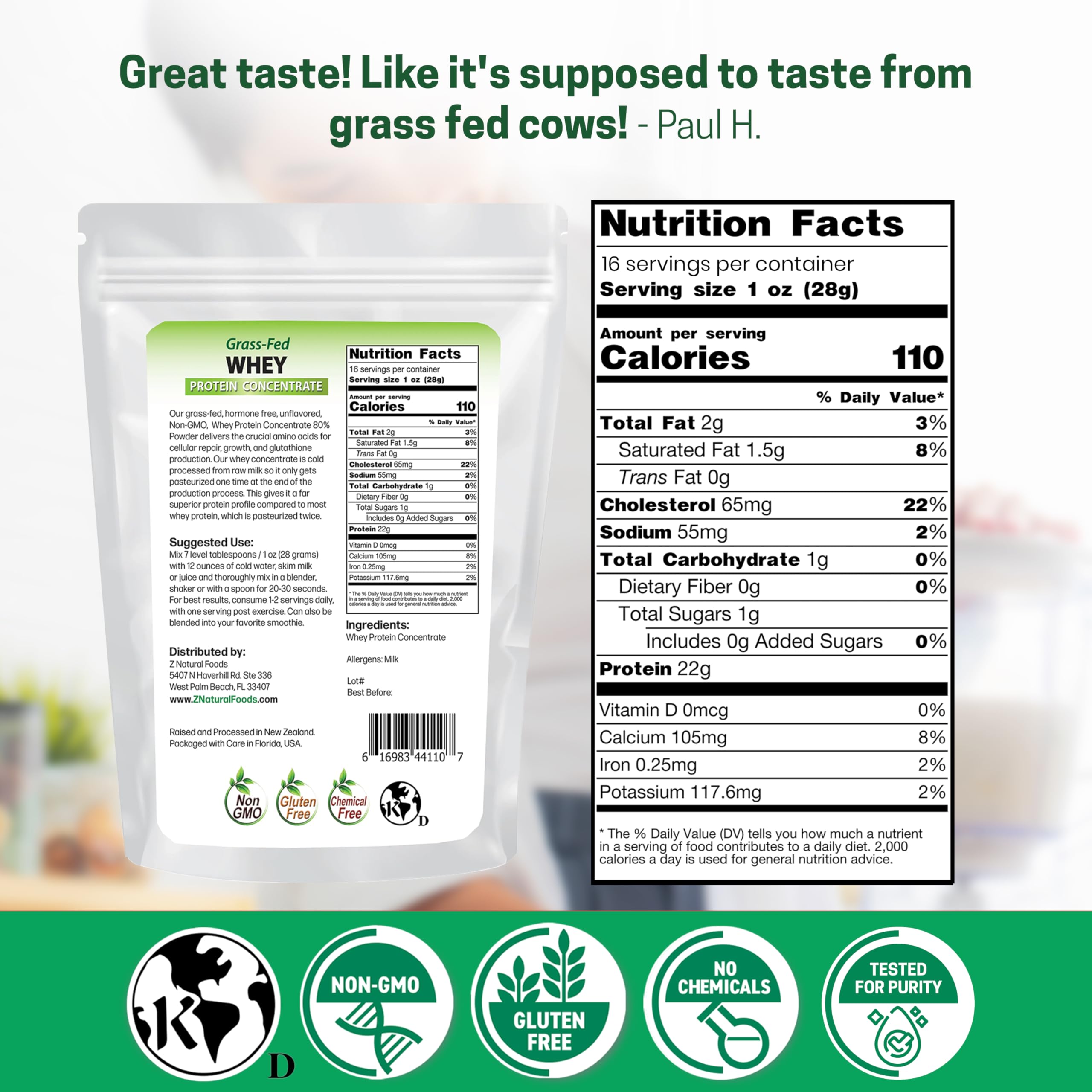 Z Natural Foods whey powder pour demonstrates convenient post-workout protein