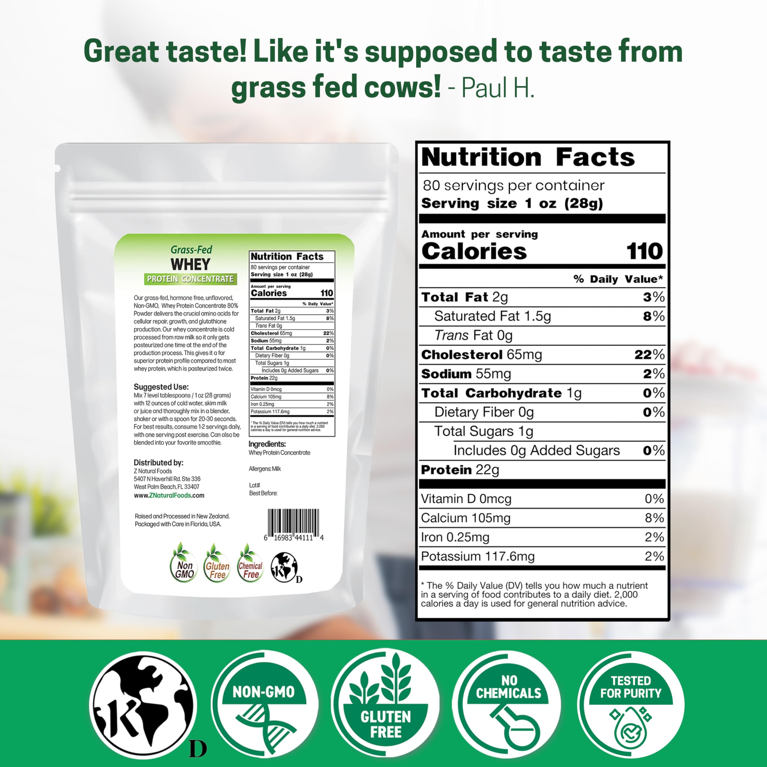 Z Natural Foods Grass-Fed Whey Protein Powder tub ready for mix-ins.