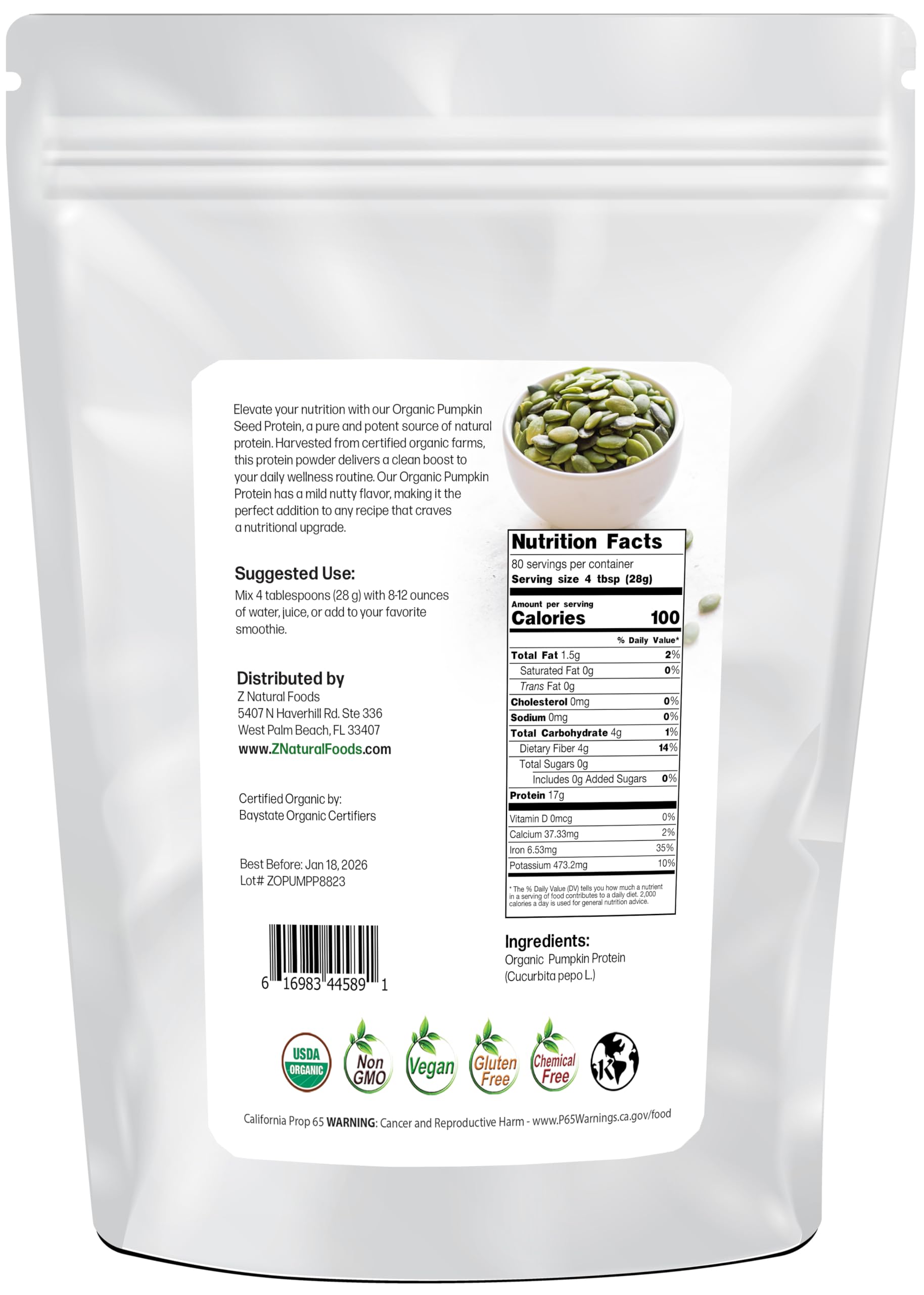Z Natural Foods organic pumpkin seed protein powder bottle for daily plant-based nutrition