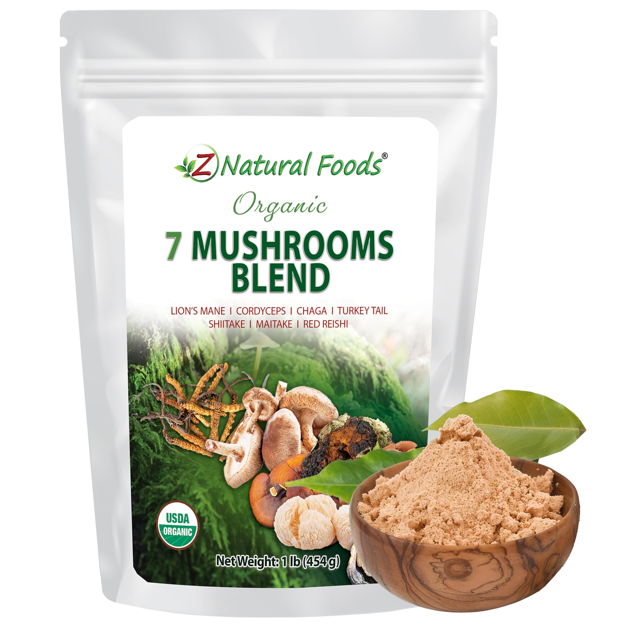 Z Natural Foods 7 Sacred Mushrooms blend packaging front highlights premium organic powder for daily wellness.