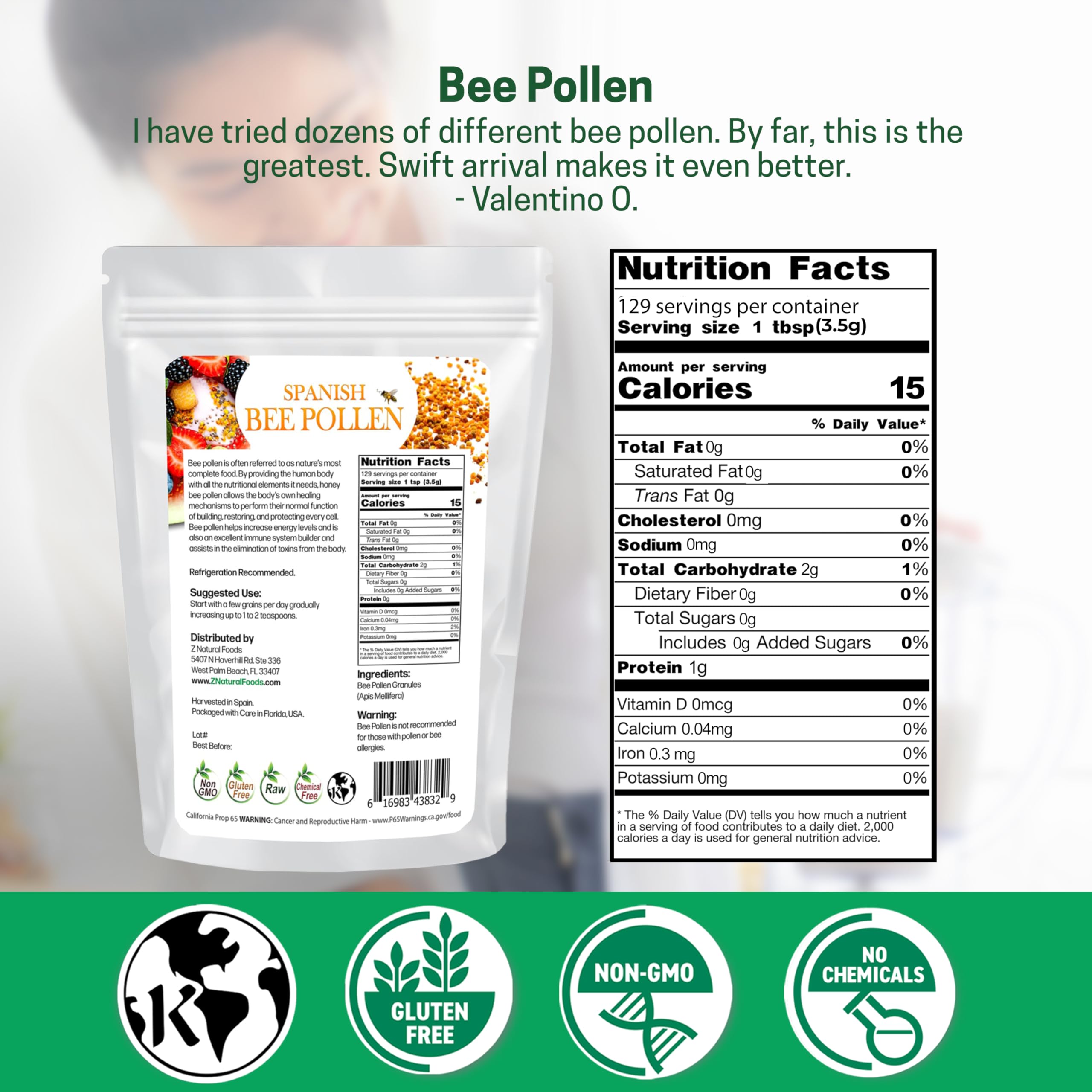 Z Natural Foods Spanish bee pollen granules 1 lb packaging for convenient use.