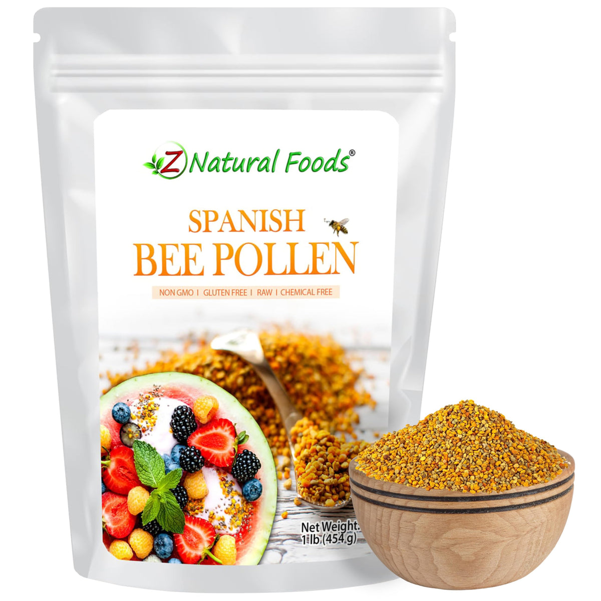 Z Natural Foods Spanish bee pollen granules, pure and raw, a nutrient-dense daily option.
