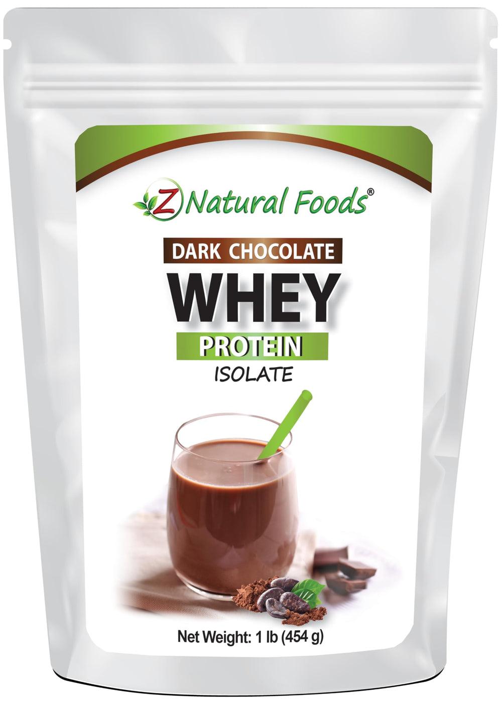 Z Natural Foods Whey Protein Isolate dark chocolate packaging with zero sugar, ideal for post workout shakes