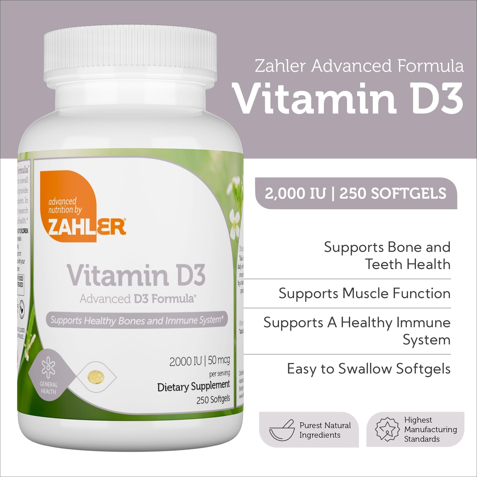 Packaging view of Zahler 250-count vitamin D3 bottle for long-term use
