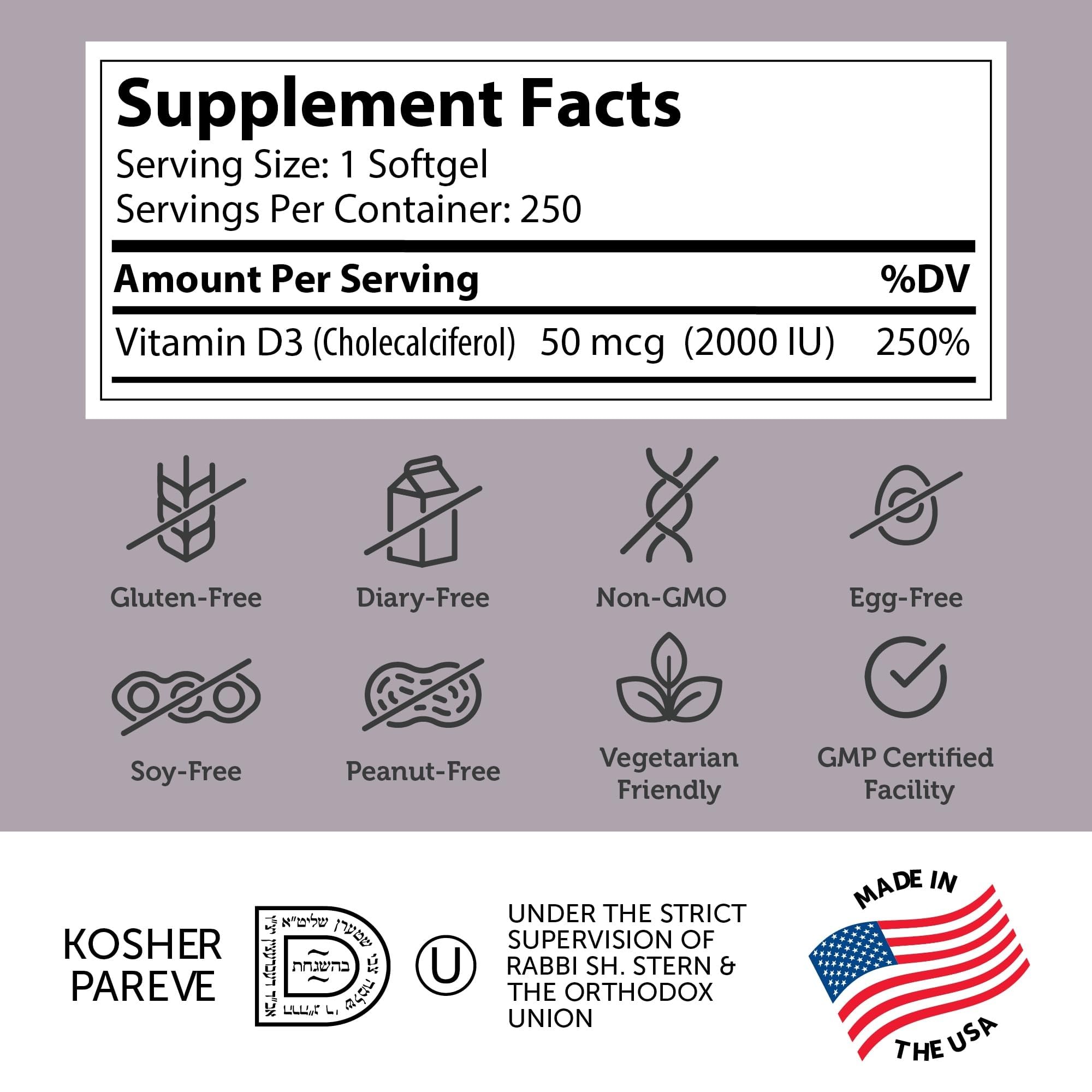 Zahler vitamin D3 softgels label highlighting potency and vegetarian kosher features