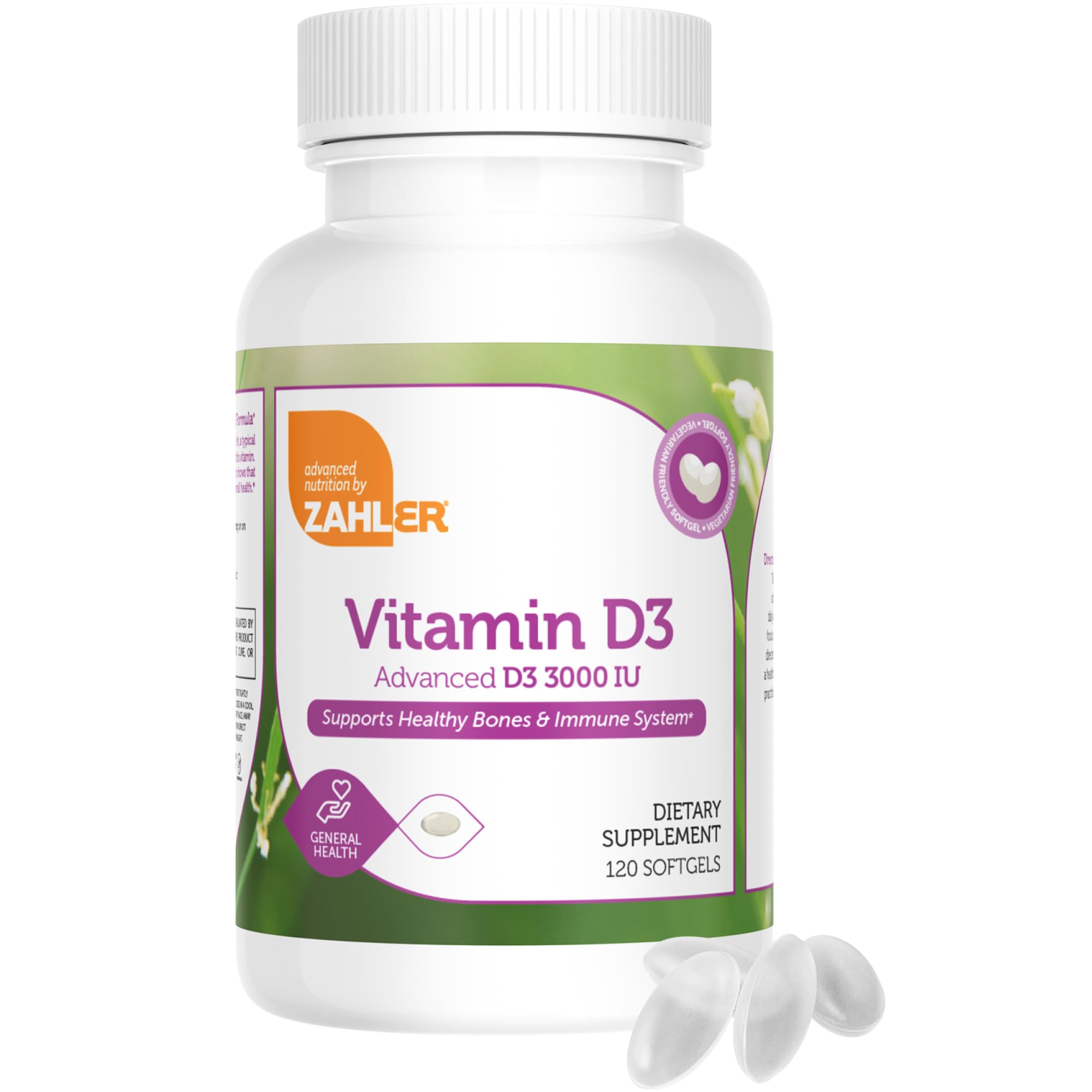 Zahler Advanced Vitamin D3 softgels bottle back shows ingredients and directions for immune support