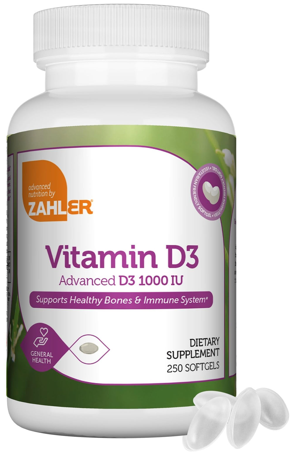 Zahler Advanced Vitamin D3 softgel bottle for immune and bone support.