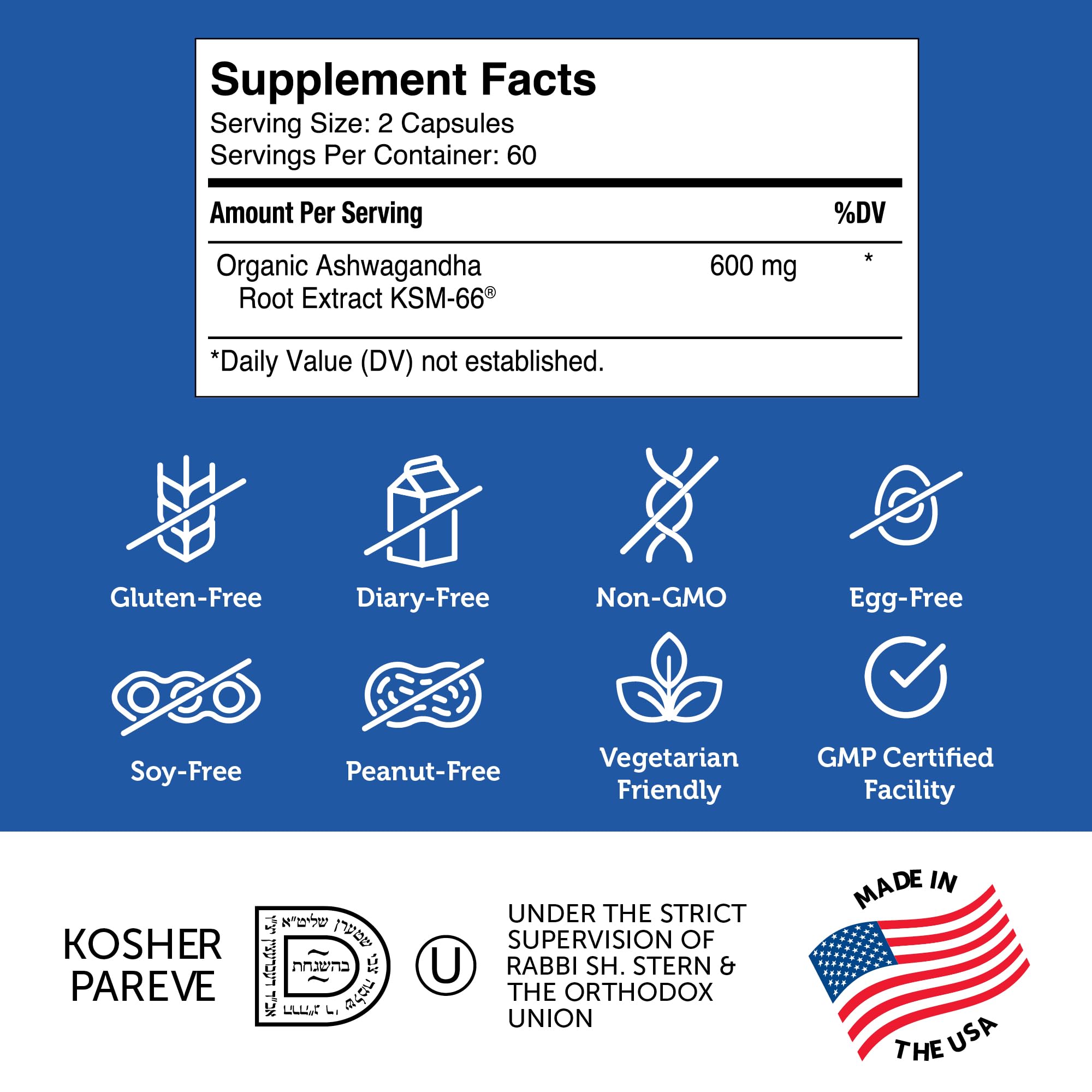 Zahler Ashwagandha capsules made in USA in GMP facilities for quality.