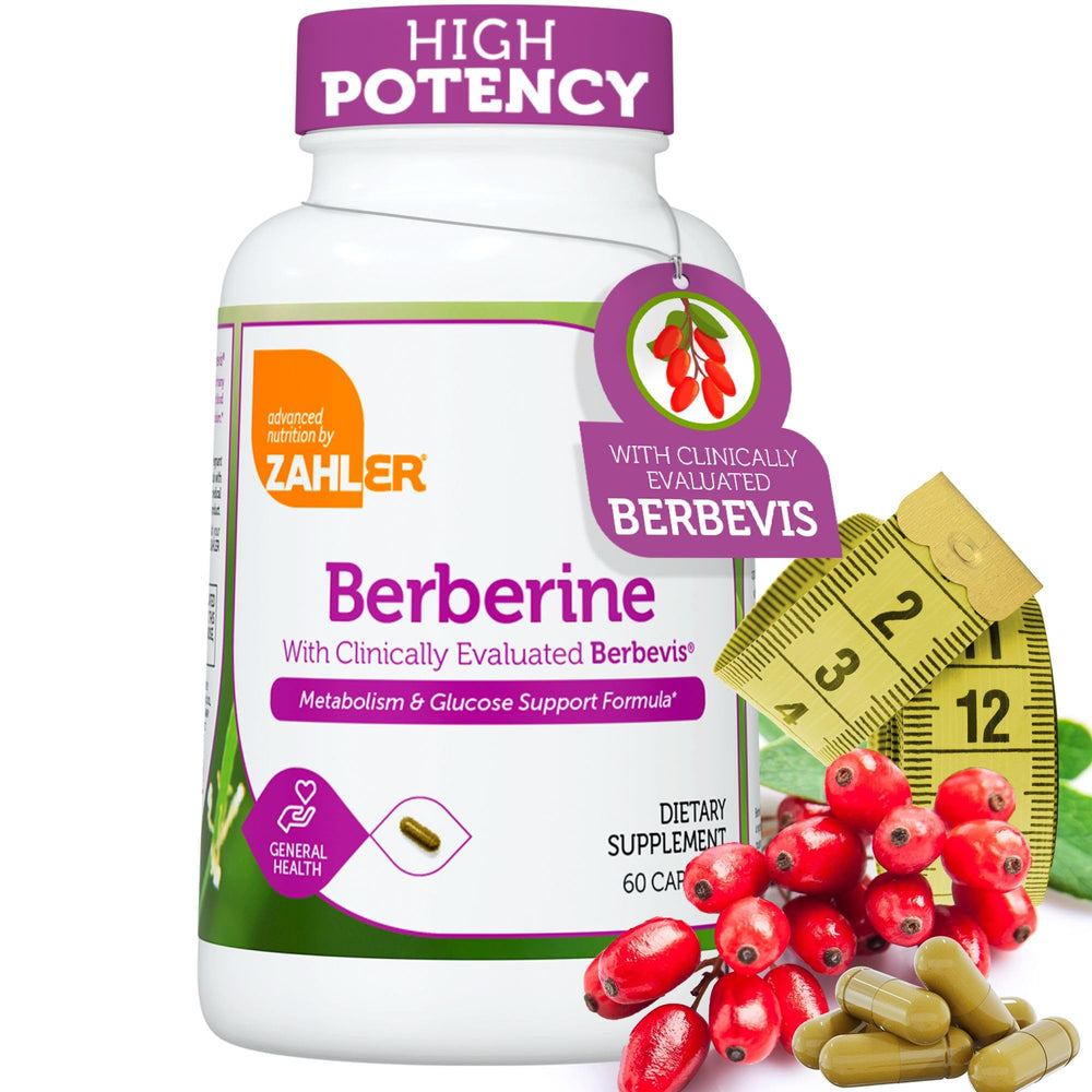 Zahler Berberine bottle front label highlights Berbevis formula for glucose support