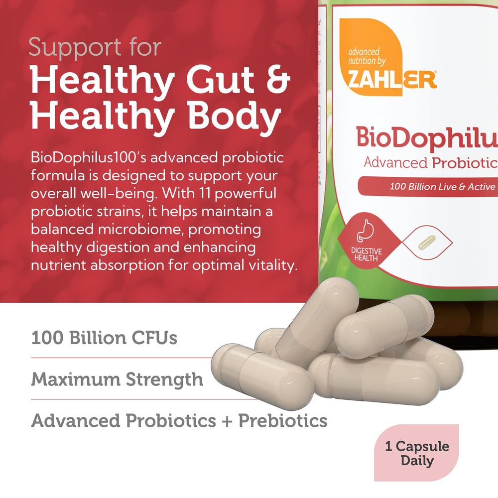 Zahler BioDophilus100 bottle nutrition facts highlighting probiotic potency