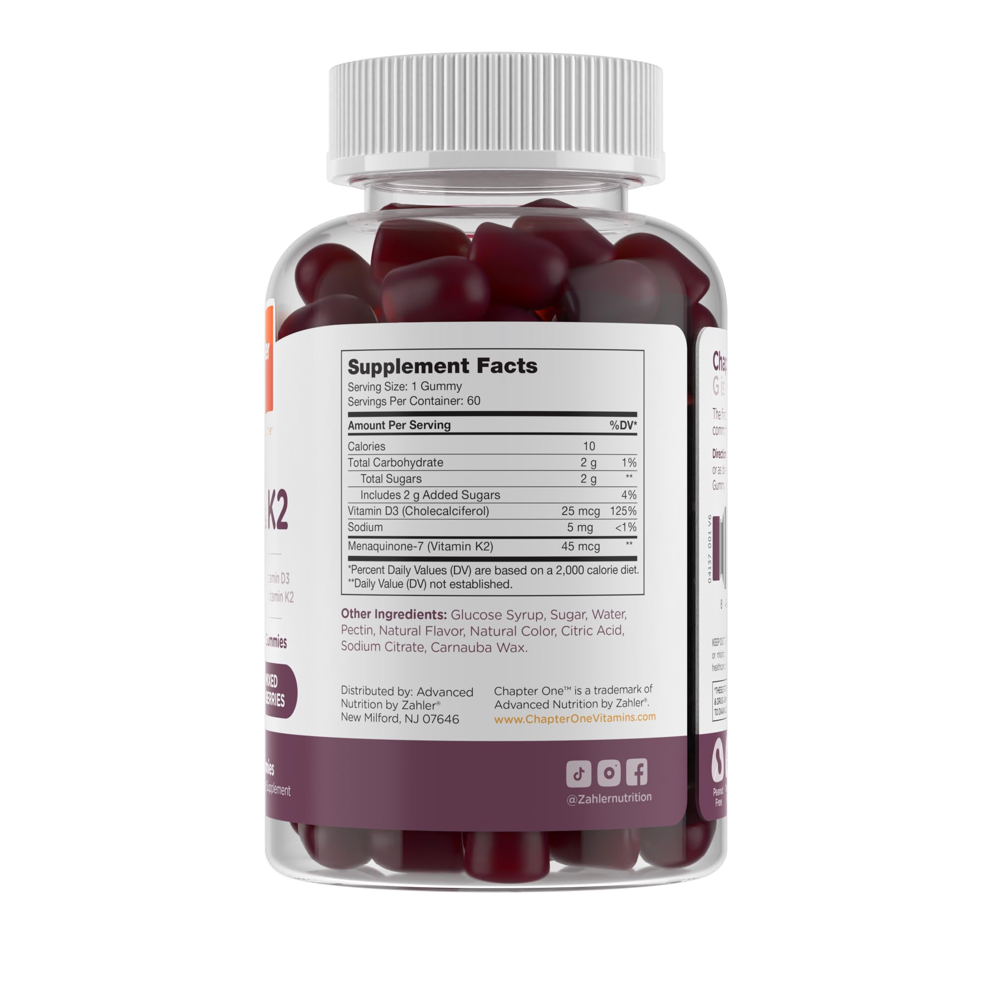 Close-up of Zahler Chapter One D3 K2 gummies jar with mixed berry flavor