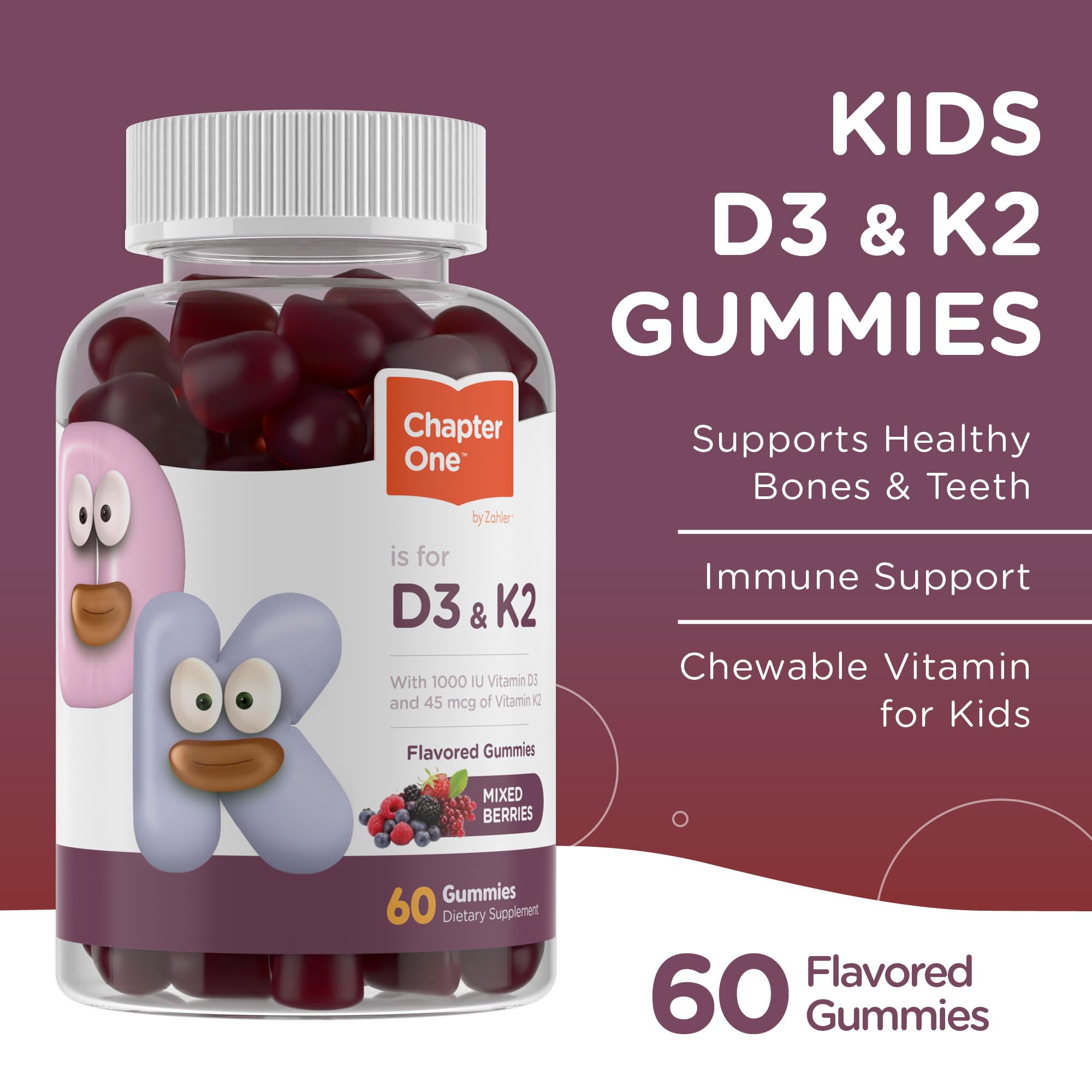 Zahler Chapter One D3 K2 gummies label emphasizing calcium absorption support