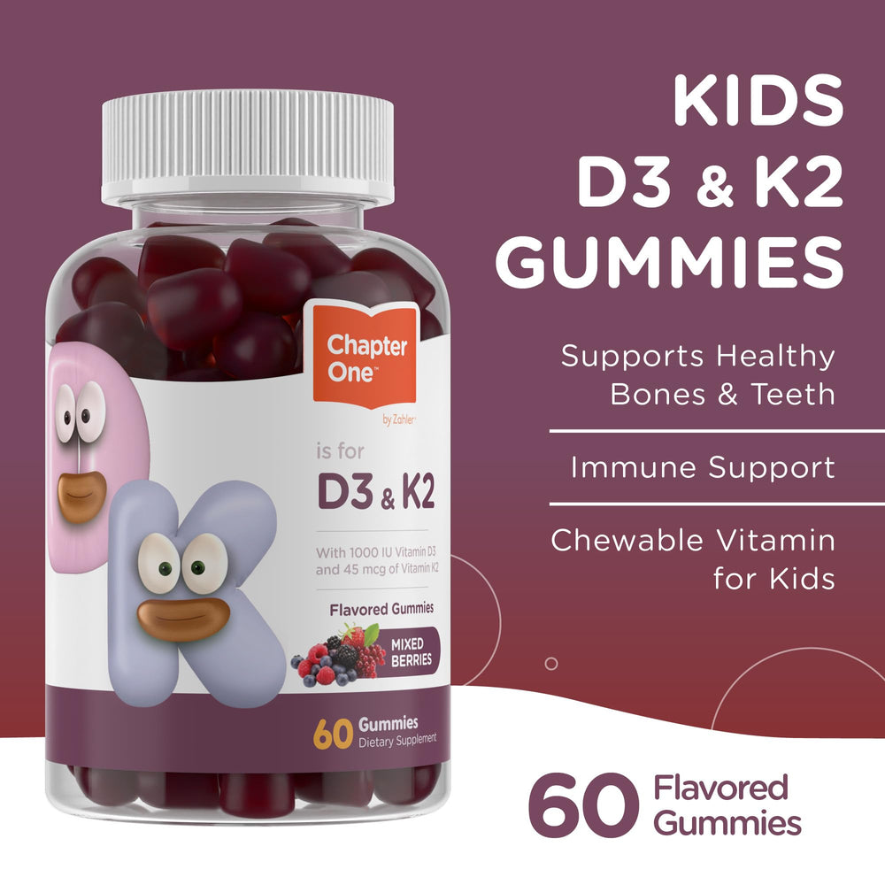 Zahler Chapter One D3 K2 gummies label emphasizing calcium absorption support
