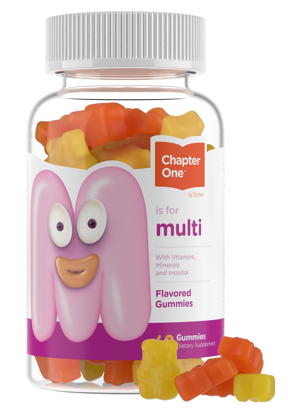 Zahler Chapter One kids gummy bottle closeup with fruity flavors and chewable texture
