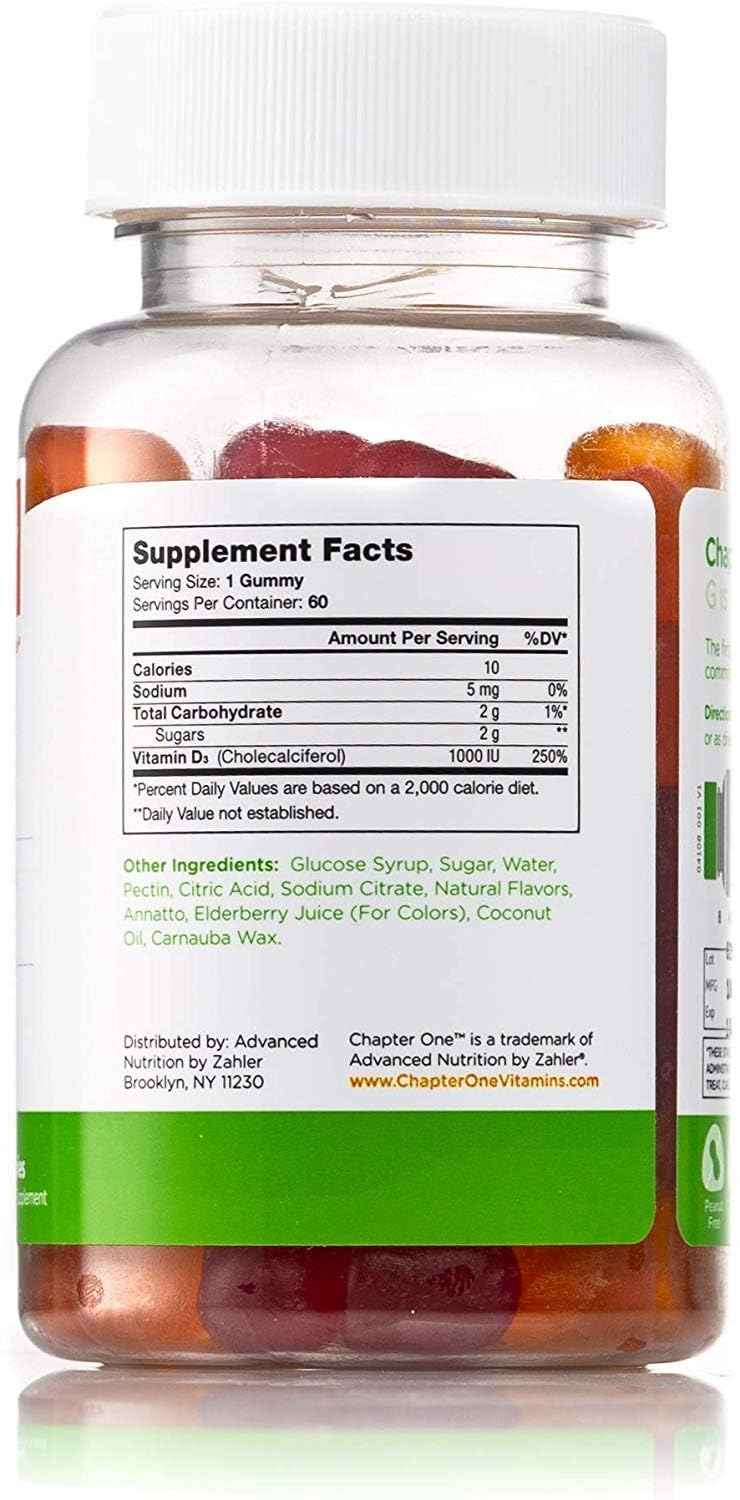 Zahler Chapter One Vitamin D3 gummies nutrition label highlighting 1000 IU per gummy.