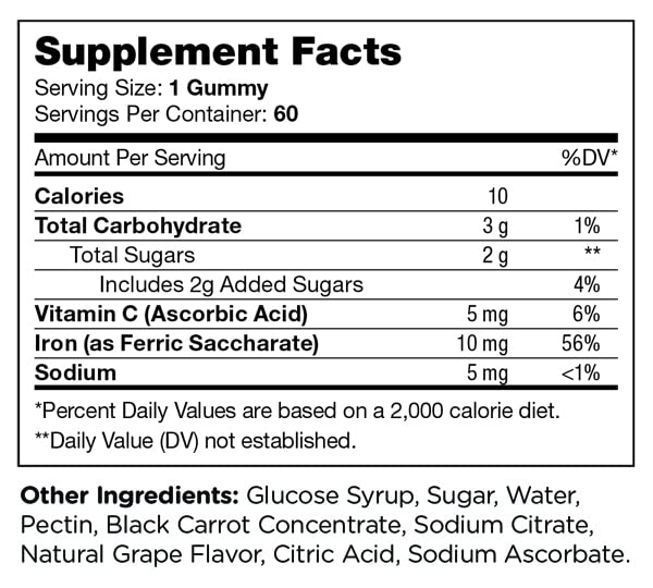 Zahler Chapter Six Iron Gummies packaging showing kosher Pareve and allergen-free.