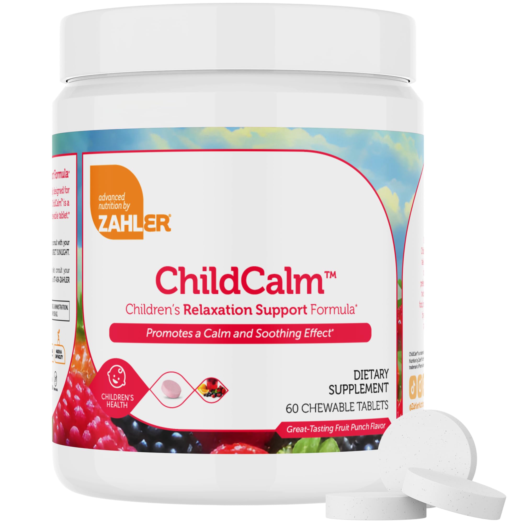 Close-up of Zahler ChildCalm chewables highlighting a tasty fruit punch flavor.