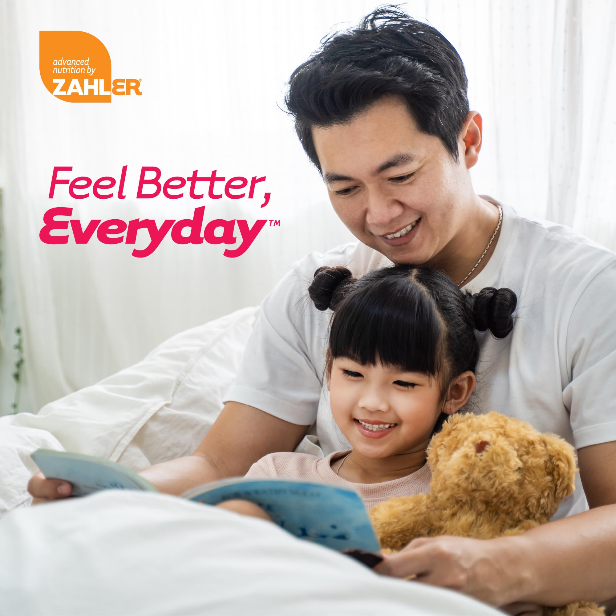 Dairy-free, soy-free, non-GMO badge on Zahler ChildCalm packaging.