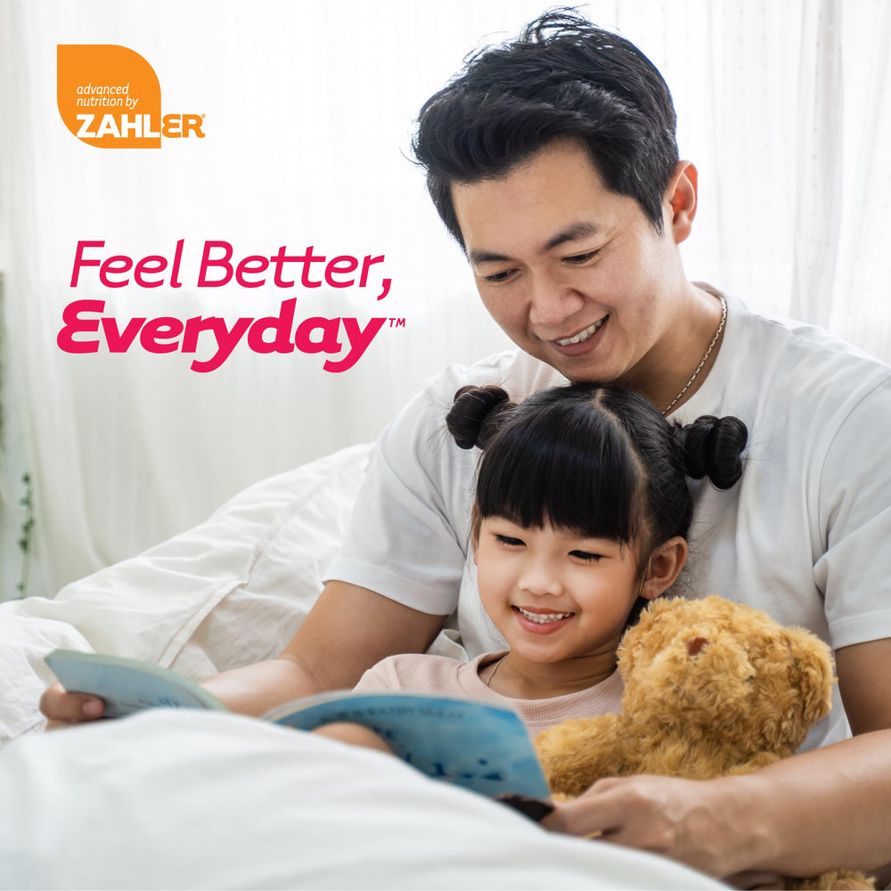 Dairy-free, soy-free, non-GMO badge on Zahler ChildCalm packaging.