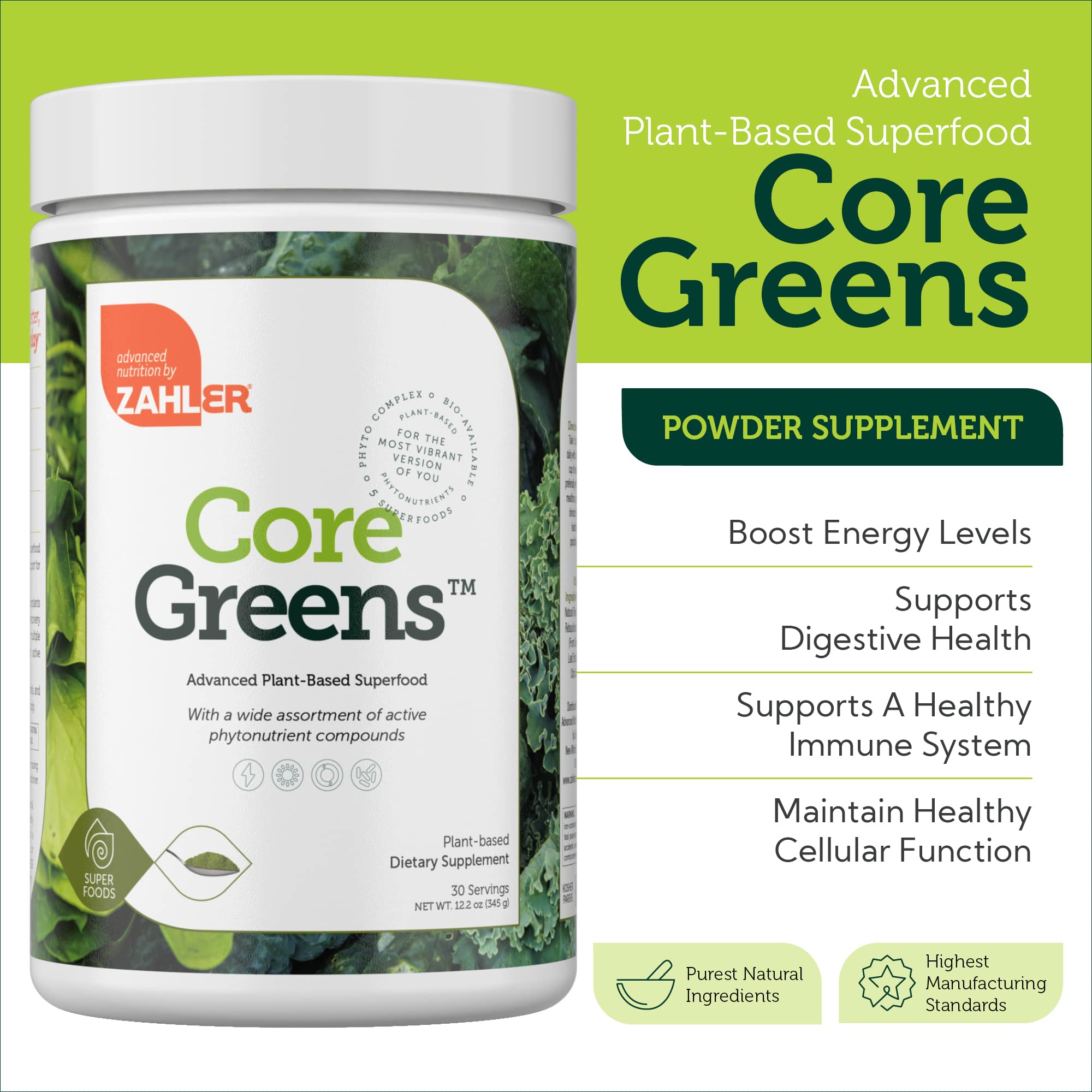 Zahler Core Greens dispensing scoop demonstrates convenient daily servings for smoothies.