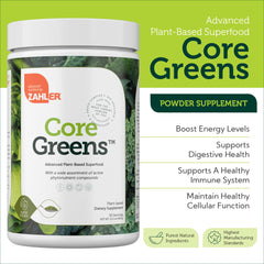 Zahler Core Greens dispensing scoop demonstrates convenient daily servings for smoothies.