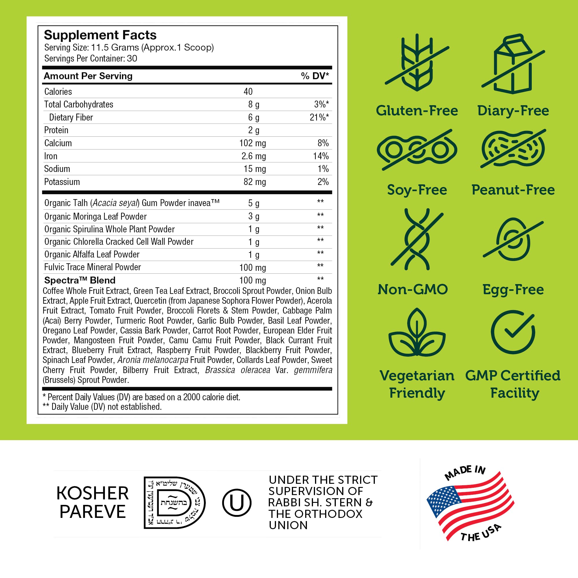 Zahler Core Greens ingredients spirulina highlight emphasizes natural energy support.
