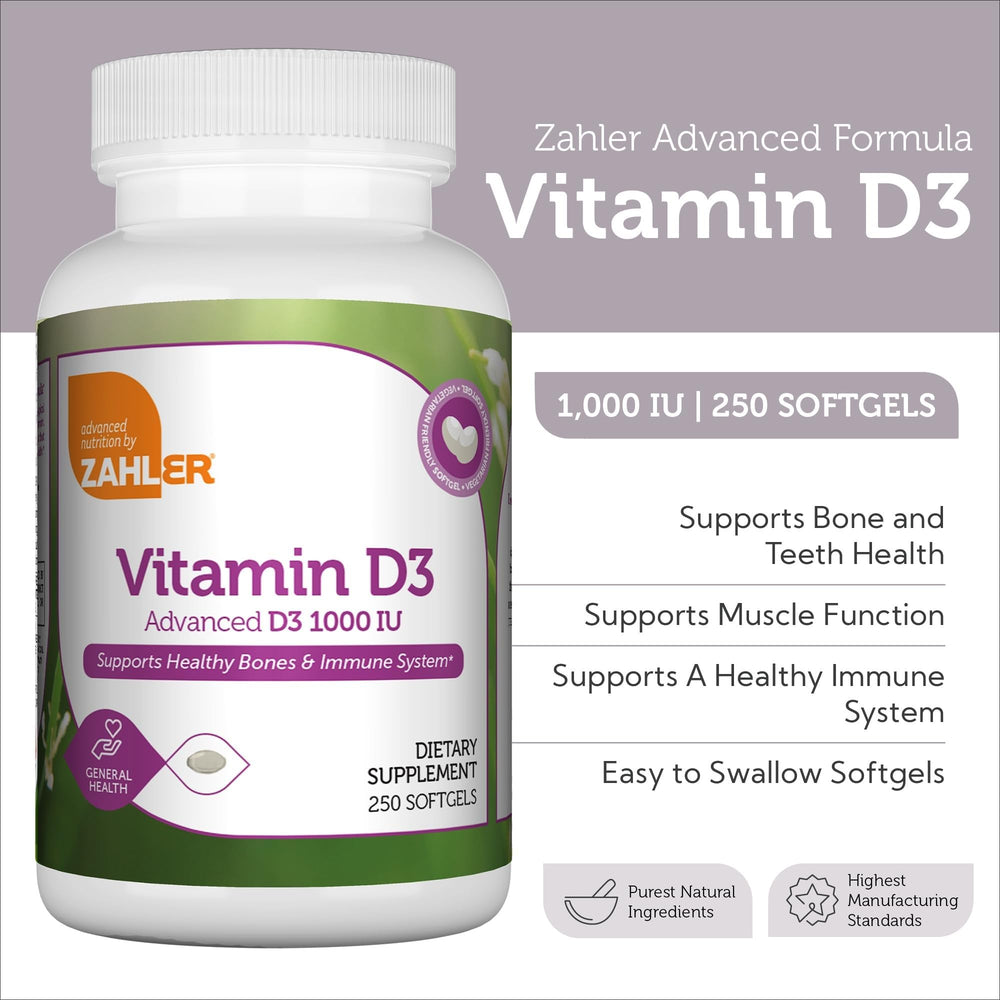 Zahler D3 softgels emphasizing bone and teeth health support.