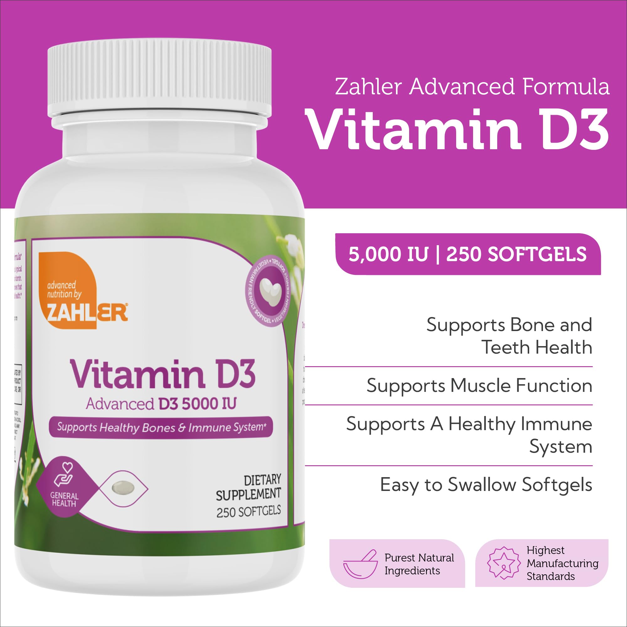 Zahler D3 softgels poured to show easy swallowing and dosage usability.