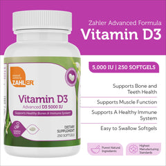 Zahler D3 softgels poured to show easy swallowing and dosage usability.