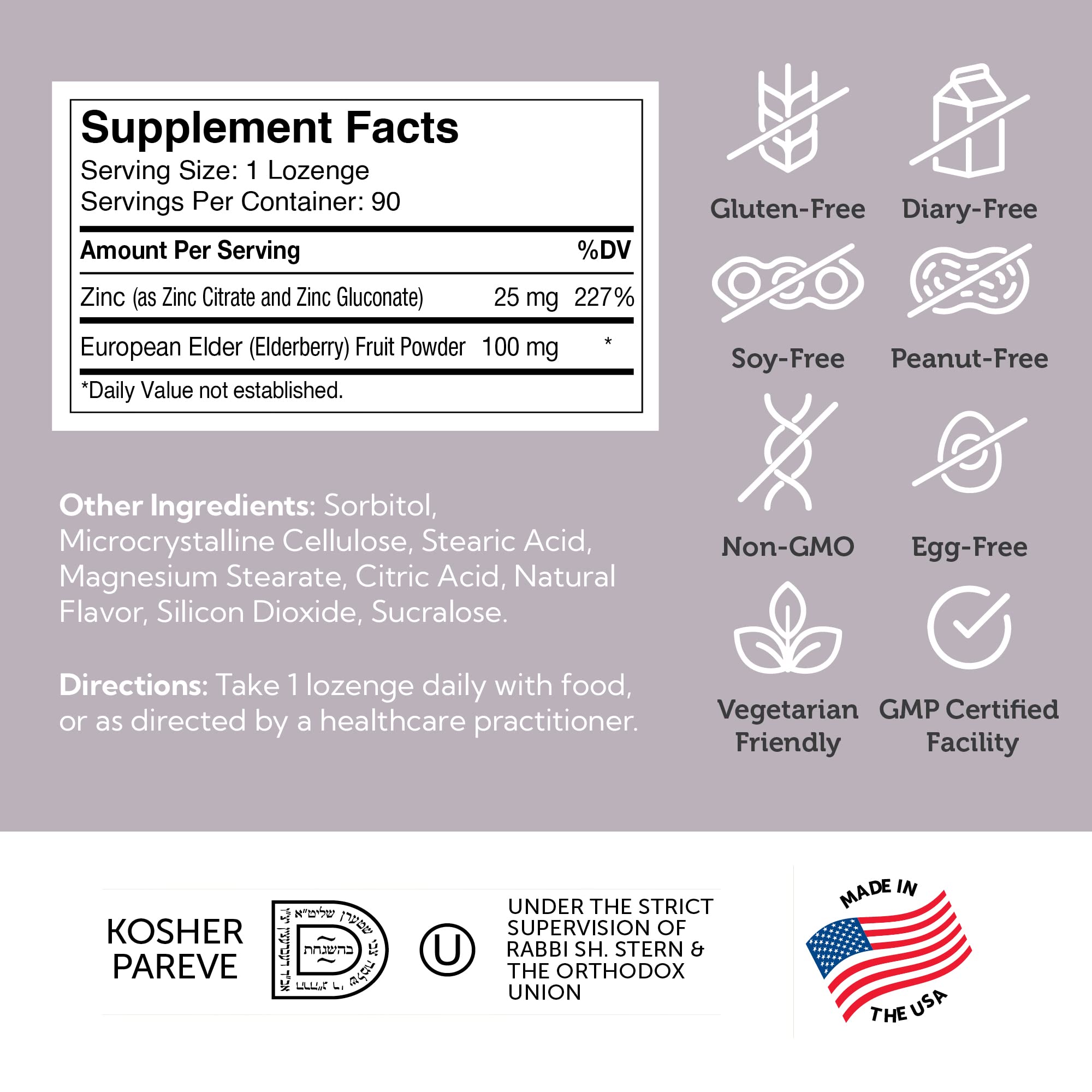 Zahler Elderberry Zinc Lozenges 90-count bottle emphasizing convenient daily chewable format