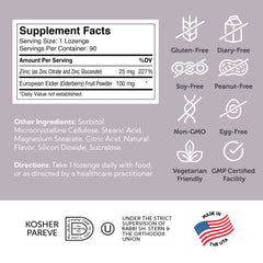 Zahler Elderberry Zinc Lozenges 90-count bottle emphasizing convenient daily chewable format