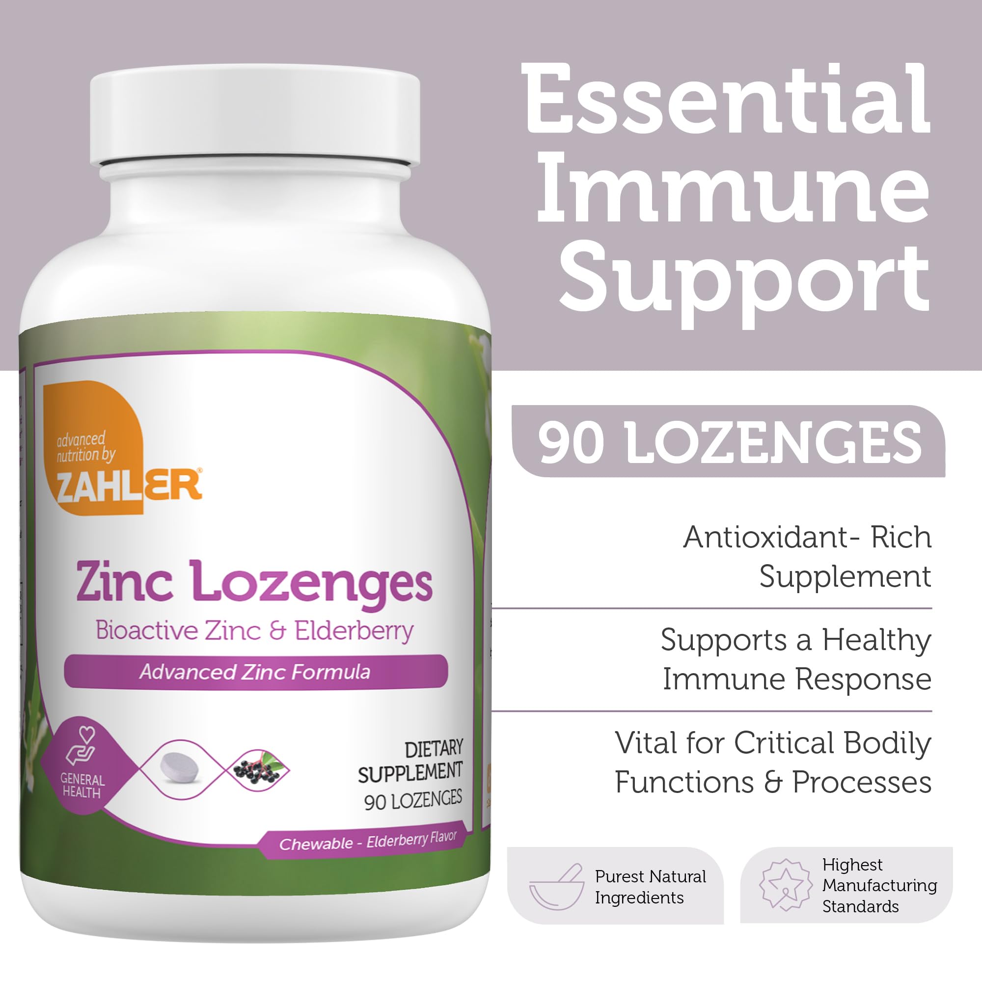 Zahler Elderberry Zinc Lozenges bottle back with ingredient notes and kosher USA-made label