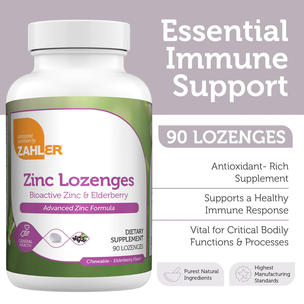 Zahler Elderberry Zinc Lozenges bottle back with ingredient notes and kosher USA-made label