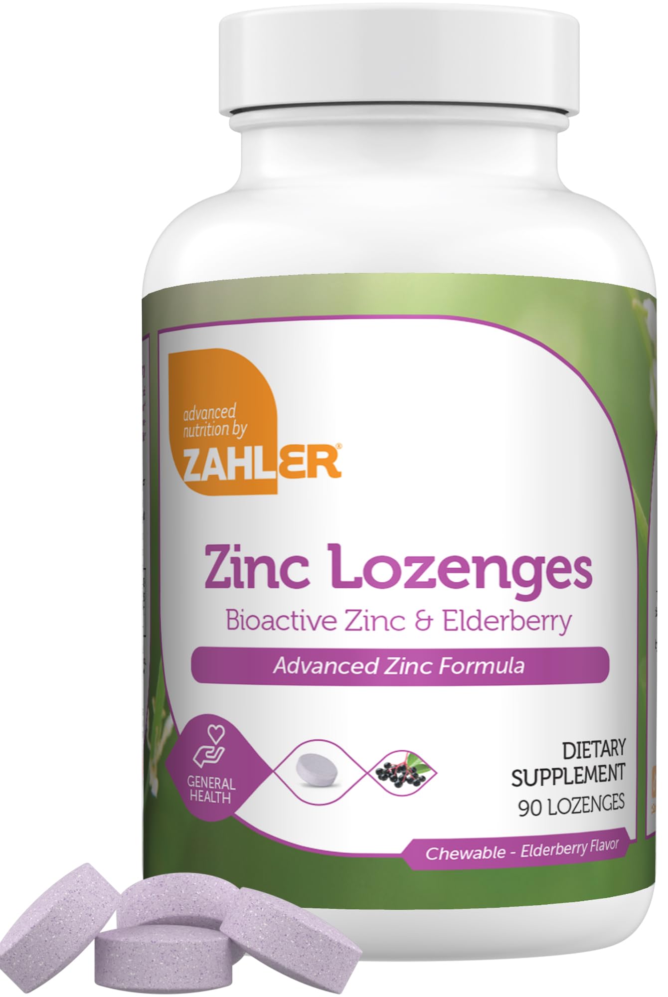 Zahler Elderberry Zinc Lozenges bottle front showing chewable berry formula for daily use