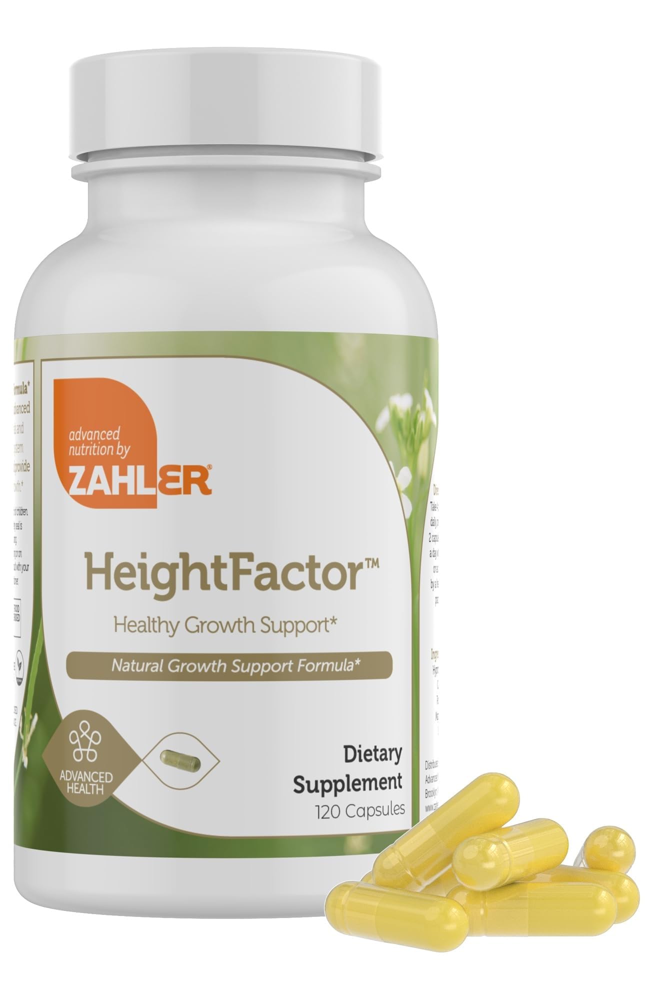 Zahler Height Factor bottle being poured, highlighting convenient capsules for daily growth support.