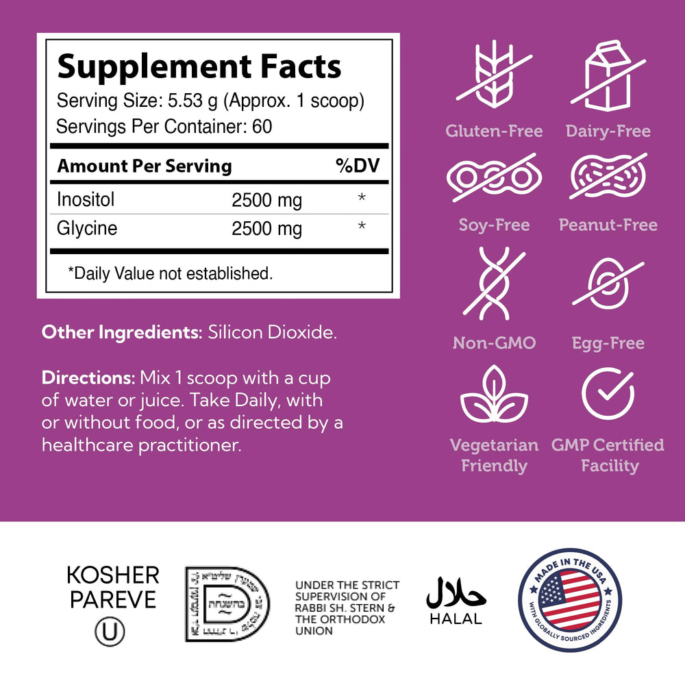 Zahler Inositol Glycine nutrition facts panel detailing ingredients and certifications.