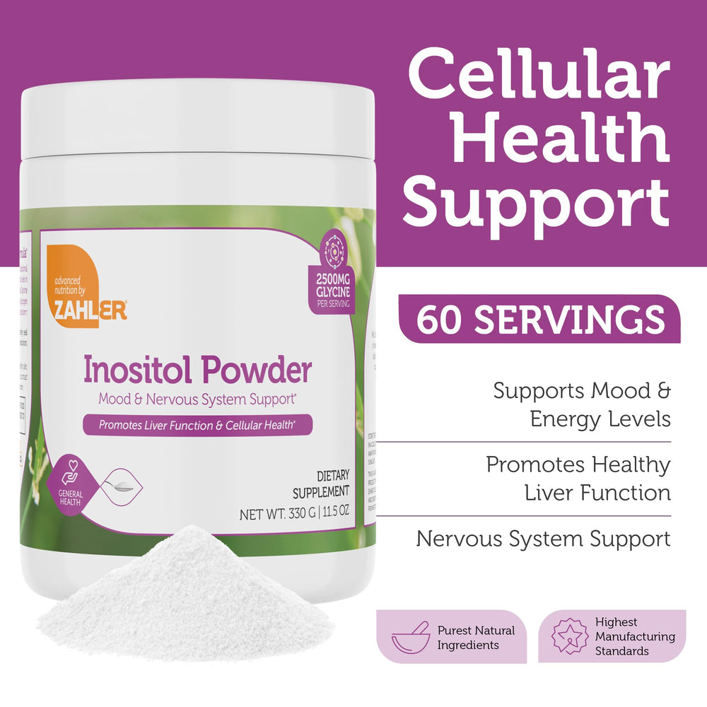 Zahler Inositol Glycine powder-dispense: tasteless powder ready to mix with water or juice.