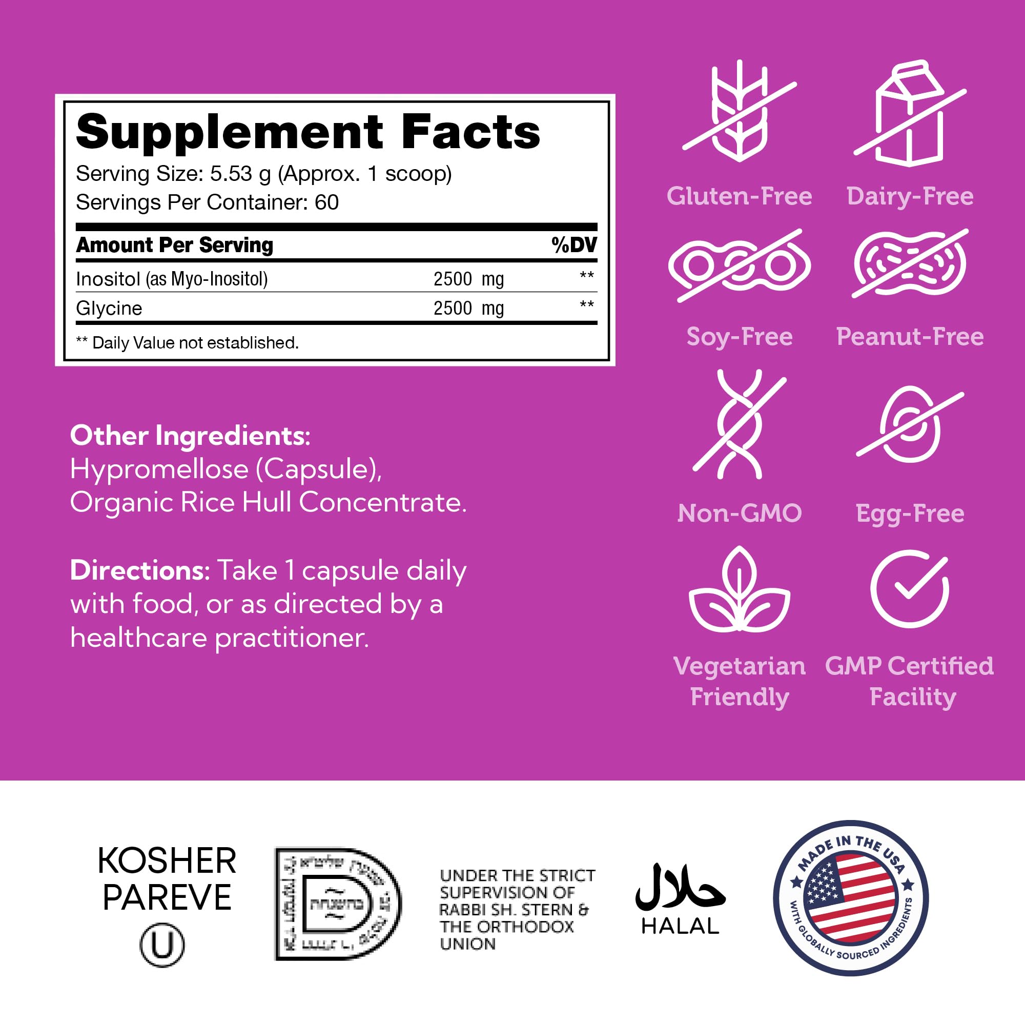 Zahler Inositol bottle back—dosing details and purity cues for daily use