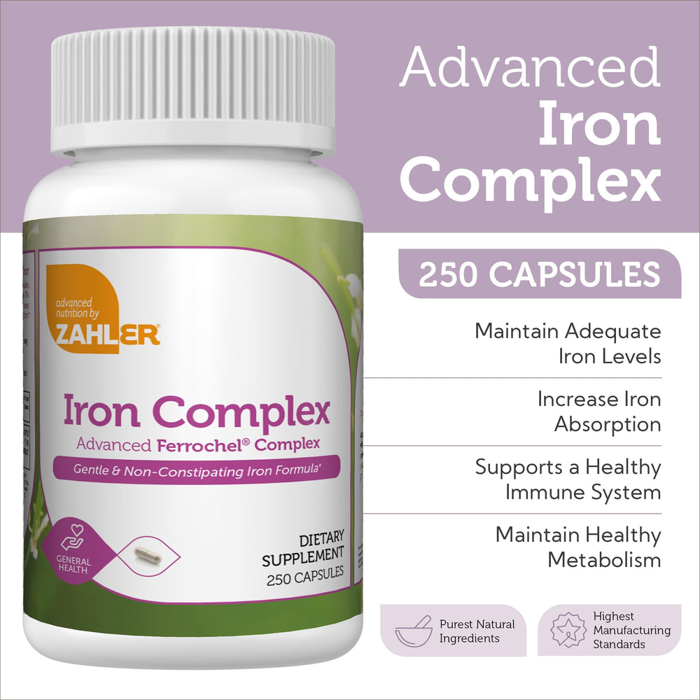 Zahler Iron Complex capsules close-up highlights gentle iron support for everyday use.