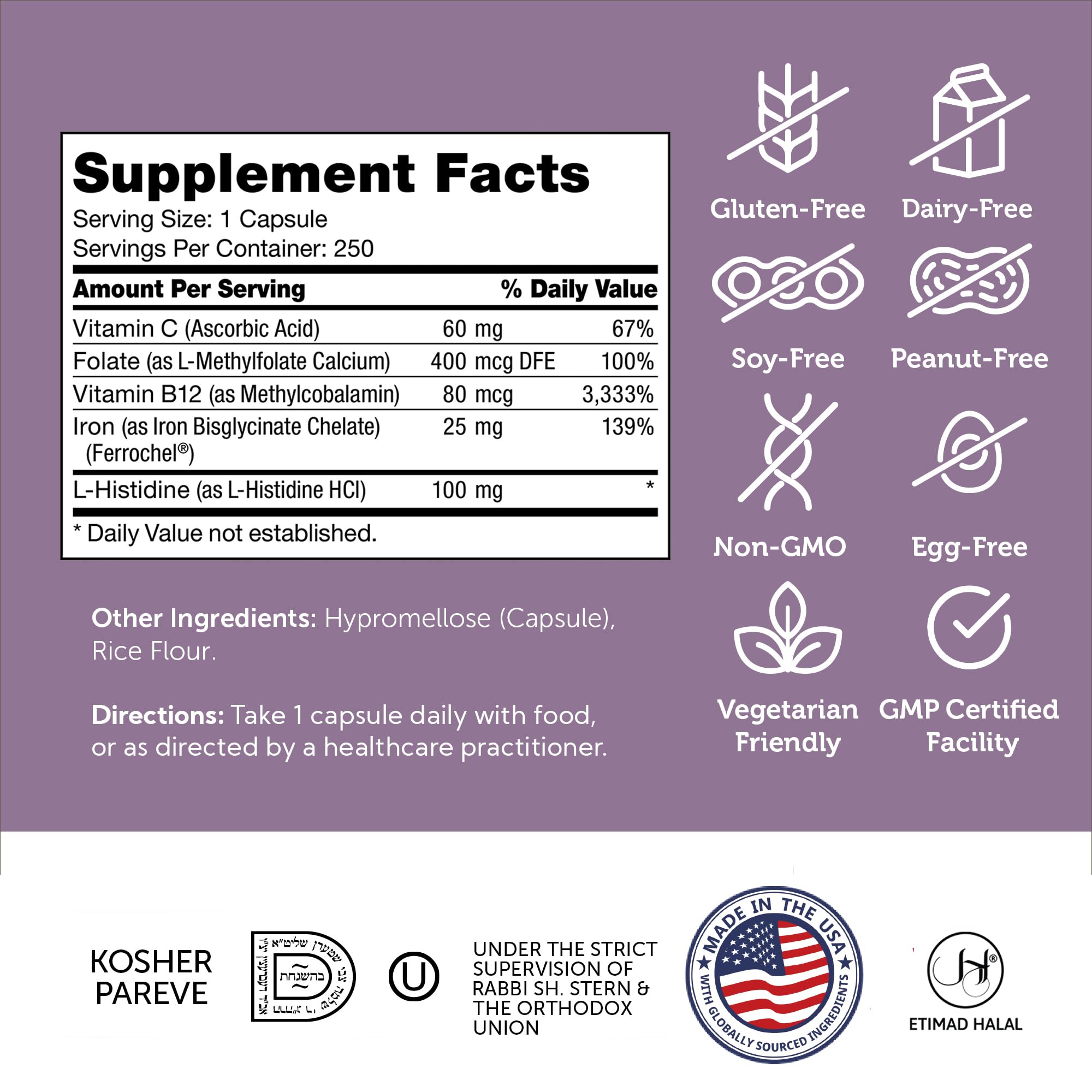 Zahler Iron Complex label details reveal nutrition facts and quality seals.